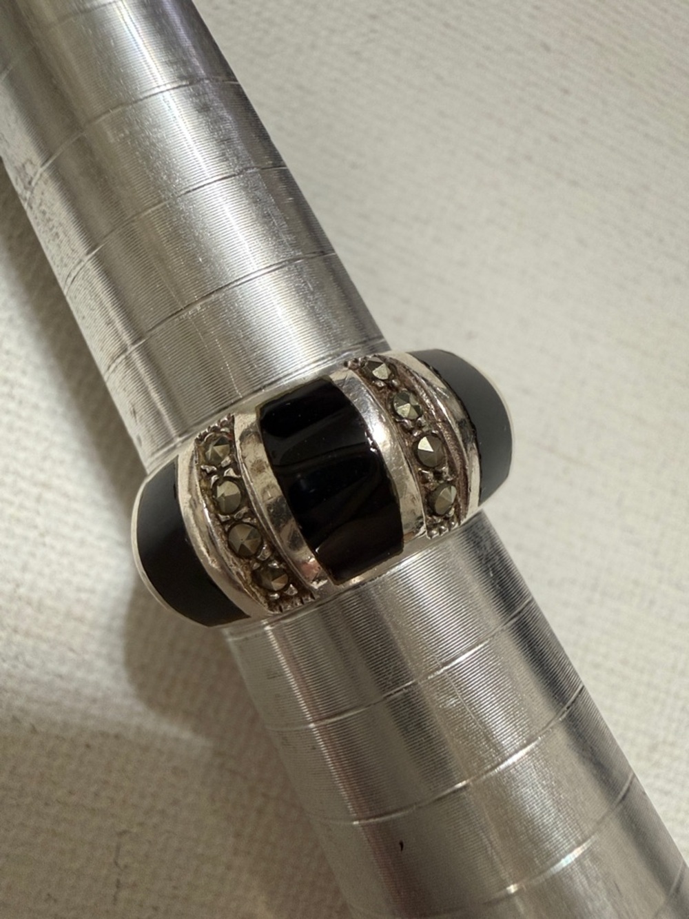 Sterling Silver 925 Black Onyx and Marcasite Dome Ring size 5.75 - Picture 1 of 10
